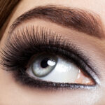 woman's eye with black eye makeup. Macro style image. Long eyelashes